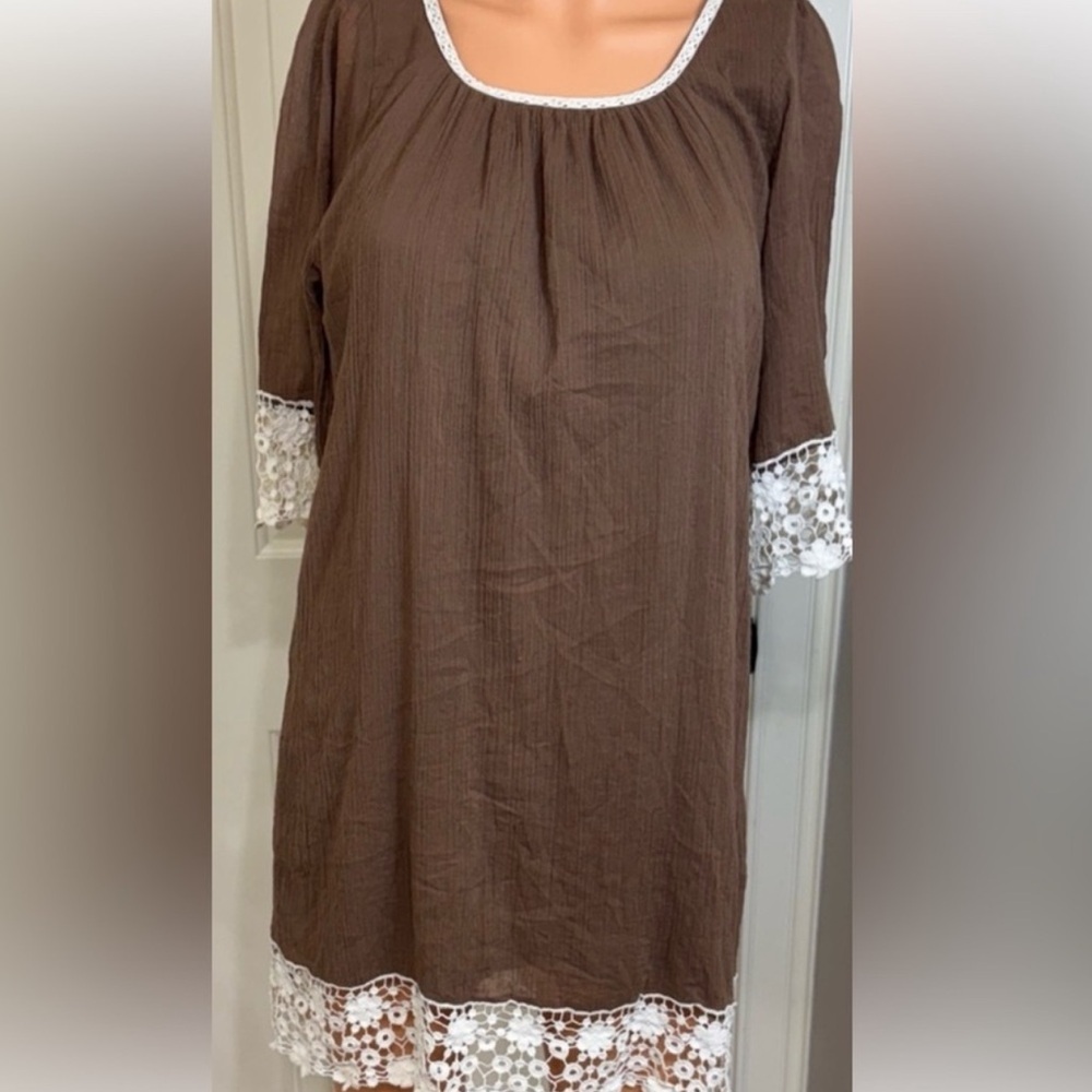 Umgee Boho Mini Dress Brown Lace Trim Flowy Peasant Cottagecore S
